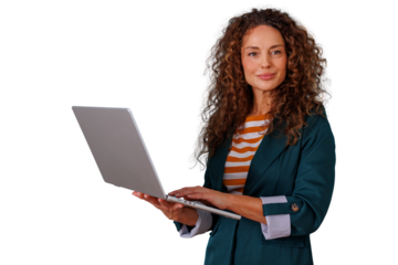 Mature businesswoman with curly hair working on laptop, presenting digital technology or online solutions, transparent background
