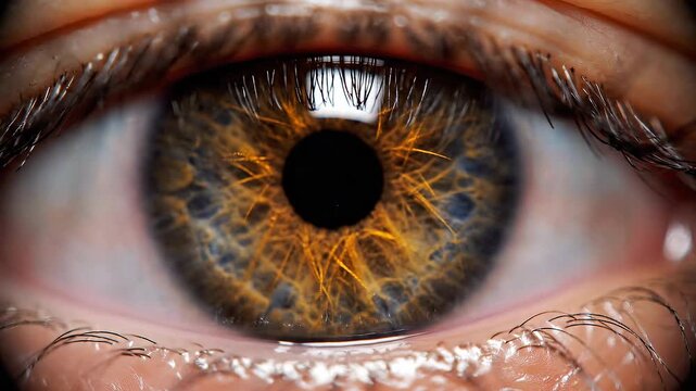 A very close-up, detailed shot of a human eye with a brown and gold iris and a dark pupil, showing intricate textures and reflections.
