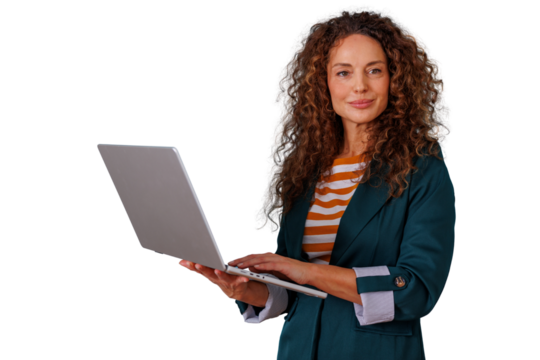 Mature businesswoman with curly hair working on laptop, presenting digital technology or online solutions, transparent background
