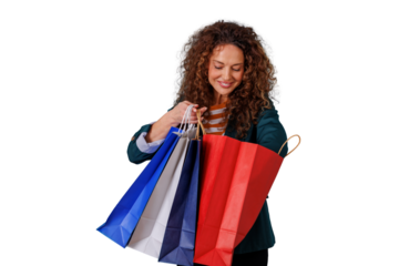 Happy woman checking purchases from shopping bags, consumerism and retail therapy concept on transparent background