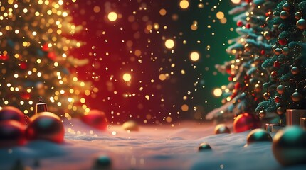 Lush 3D Christmas background with red and green trees, gold ornaments, and warm fairy lights.