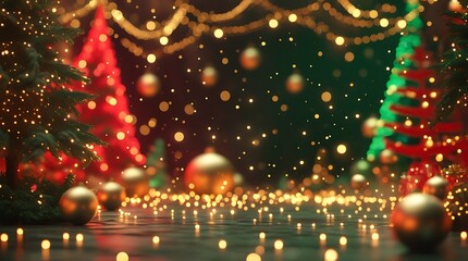 Lush 3D Christmas background with red and green trees, gold ornaments, and warm fairy lights.