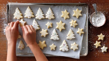 Hands arranging star and tree cookies on tray dusted with powdered sugar. Fresh holiday baking moment in warm kitchen