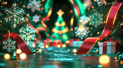 Luxurious 3D Christmas background with flowing ribbon, crystal snowflakes, and emerald bokeh.