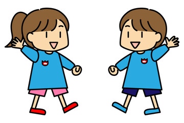 手を振ってあいさつする幼稚園の男女園児のかわいいベクターキャラクター