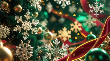 Luxurious 3D Christmas background with flowing ribbon, crystal snowflakes, and emerald bokeh.