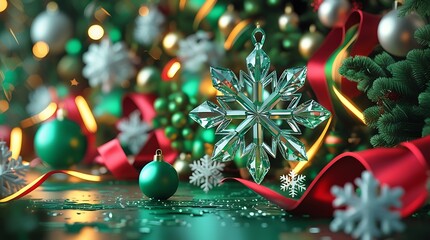 Luxurious 3D Christmas background with flowing ribbon, crystal snowflakes, and emerald bokeh.