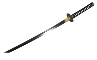 Naklejka premium Elegant katana sword with sharpened steel blade for martial arts training and historical reenactment, detailed hilt