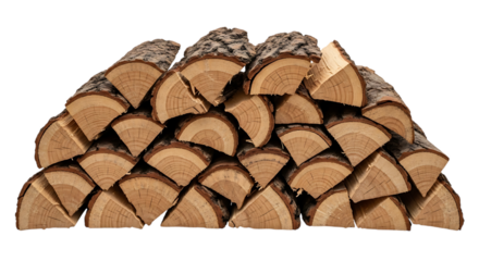 Stacked cut logs with visible wood grain and bark textures isolated on a transparent background firewood