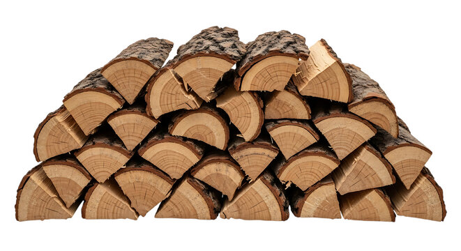Stacked cut logs with visible wood grain and bark textures isolated on a transparent background firewood