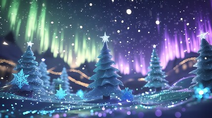 Magical Christmas scene with glowing blue trees, sparkling snow, and vibrant northern lights.