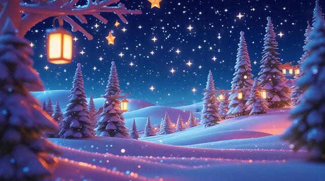 Magical snowy Christmas night landscape with glowing lanterns, starry sky, and pine trees.