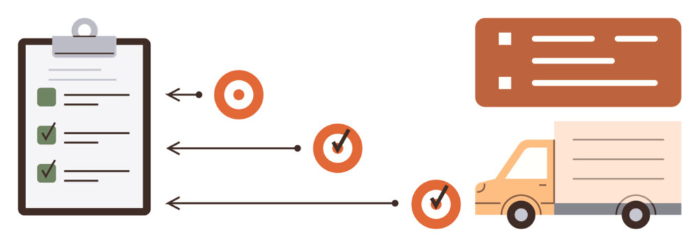 Checklist with marked items, arrows indicating workflow steps, timeline elements, and a delivery truck. Ideal for logistics, project management, workflow optimization, efficiency, task tracking
