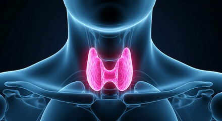 Anatomical illustration of the human thyroid gland highlighted in pink, showing its location in the neck