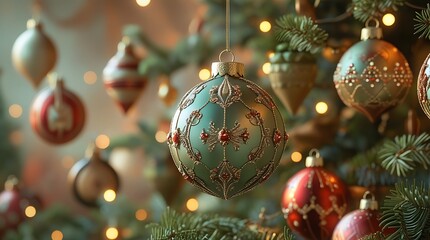 Vintage Christmas ornaments on a pine tree with warm lights, featuring a central antique bauble.