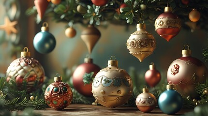 Vintage Christmas ornaments on a pine tree with warm lights, featuring a central antique bauble.
