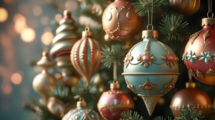 Vintage Christmas ornaments on a pine tree with warm lights, featuring a central antique bauble.