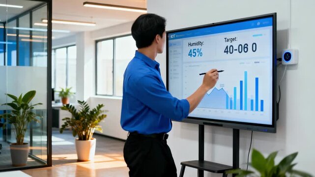 Medium shot of an engineer checking humidity levels through an IoT dashboard ensuring optimal environmental control within a smart office setting