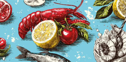 Obraz premium Wektorowy wzór z owocami morza, pomidorami, cytryną i limonką na niebieskim tle, styl vintage.