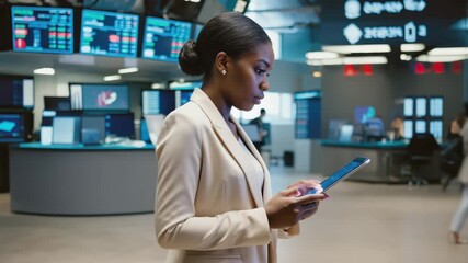 A young African woman in a beige suit uses a tablet in a busy financial office. Stock market screens display data in the background. - Powered by Adobe