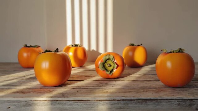 A group of ripe persimmons arranged on a wooden table. The fruits are bright orange with green calyxes, casting soft shadows in natural light.