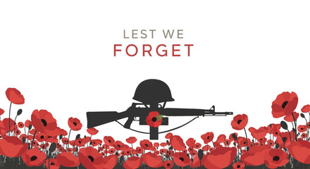 Profound Remembrance Day banner honoring courageous military personnel with symbolic red poppy flowers and a soldier's silhouette