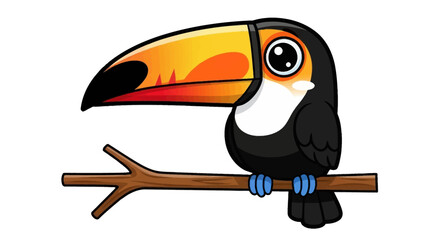 Obraz premium A charming cartoon toucan character looking sad with a teardrop, perched on a branch. Isolated tropical bird vector illustration