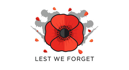 Vibrant red poppy emblem with 'Lest We Forget' text, a solemn tribute to fallen heroes and a symbol of enduring peace and memory for remembrance day