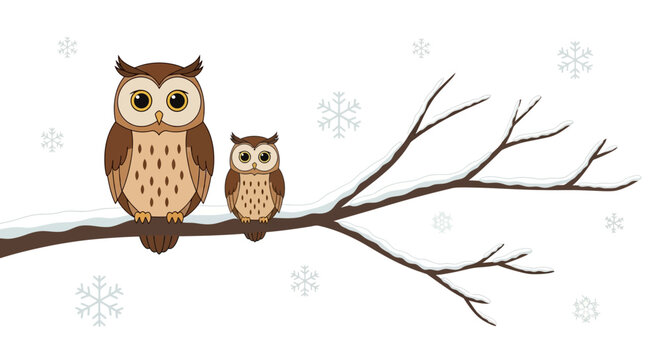 Two Owls Perched on a Snowy Branch, Winter Scene with Fluffy Snowflakes, Cute Illustration