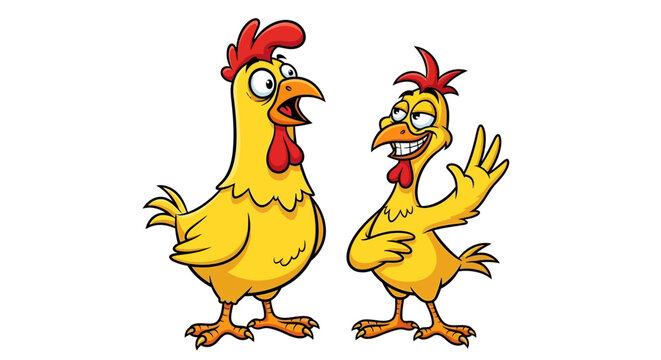 A Comical Duo of Cartoon Chickens with Funny Expressions, One Rooster is Waving and the Other is Talking Animatedly