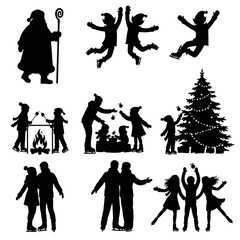 Collection of Christmas and winter holiday silhouettes for festive designs.