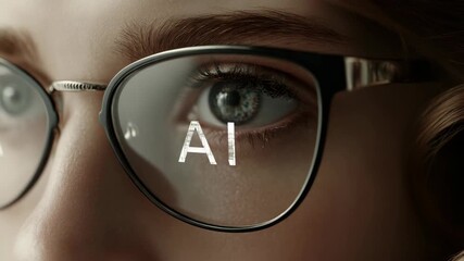 Close-up of glasses reflecting ai code with female eye focused on technology - Powered by Adobe