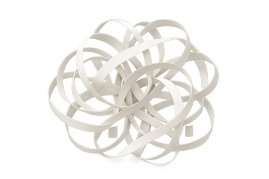 Abstract 3d tangled white ribbons forming complex spherical shape on transparent background
