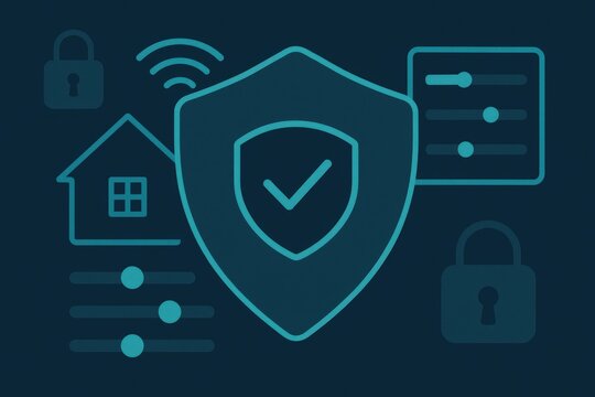 Digital security shield with home representation and control settings illustrating the importance of cybersecurity and protection for smart home technology