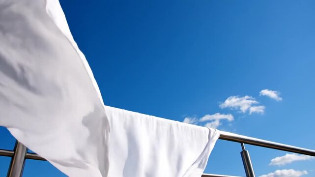 White flag waving against blue sky with sunlight conceptual image of surrender or peace concept