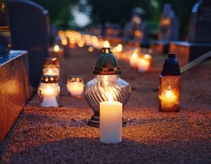 soft focus image of candlelight on graves during all saints day spiritual and solemn christian tradition