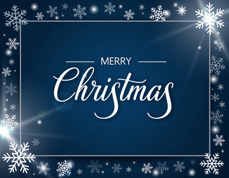 Elegant Merry Christmas Greeting Card with Sparkling Snowflakes and Subtle Light Flares on Deep Blue Background.