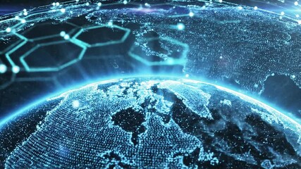 A glowing digital Earth with interconnected hexagonal patterns representing a global network and data flow. - Powered by Adobe