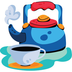 Blue Kettle Steaming Coffee Cup Isolated Transparent Background Flat Design