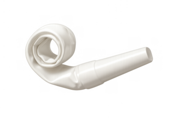 White party horn noisemaker with curled blower, celebrating birthdays and festive events on transparent background