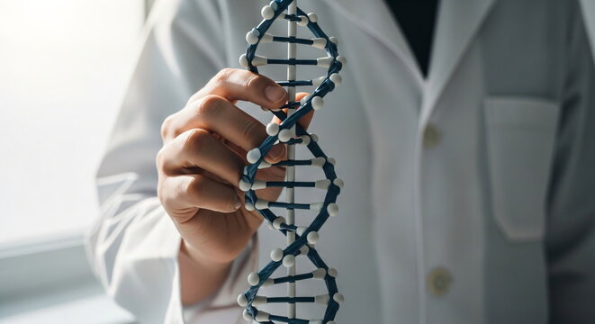Medical scientist holding DNA helix model. Genetic research and biotechnology concept for health and biological discovery.