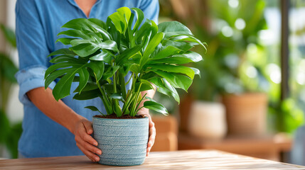 Person repotting monstera plant in ceramic pot indoors