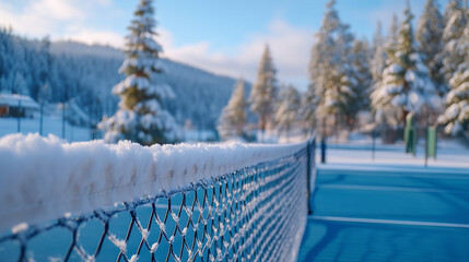 Snow-covered tennis court in winter forest landscape