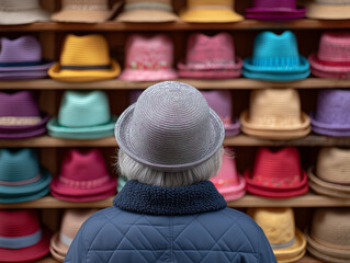 Elderly woman looking at colorful hats on display shelf