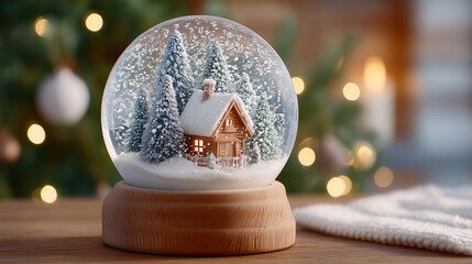 Snow globe with cabin and trees on wooden base in festive setting