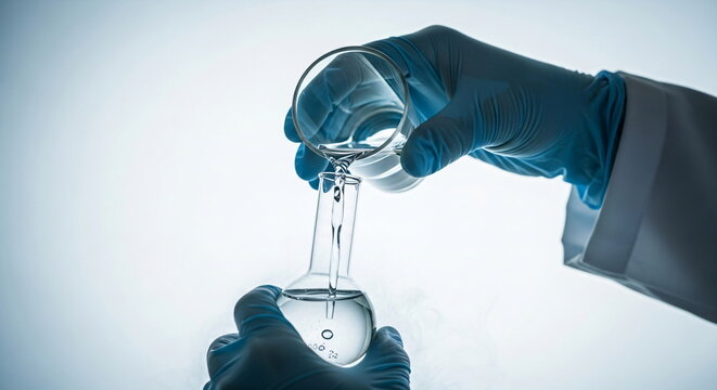 Person in blue gloves pouring clear liquid from a beaker into a test tube. Scientific experiment in laboratory for research and development.