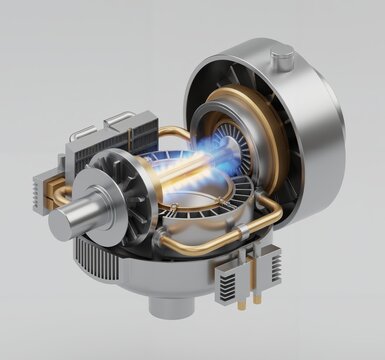 Cutaway view of a futuristic engine or miniature reactor. High-tech concept with turbine blades, heat exchangers, internal core, and concentrated plasma energy beam.