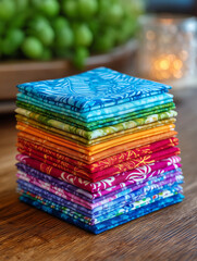 Stack of colorful patterned quilting squares on wooden table
