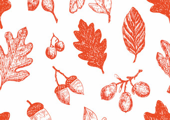 Jesienne liście i żołędzie w stylu szkicu, tworzące powtarzalny wzór na białym tle.
