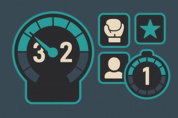Dynamic performance metrics dashboard displaying adrenaline fueled countdown timer alongside boxing glove and user profile icons representing competitive engagement